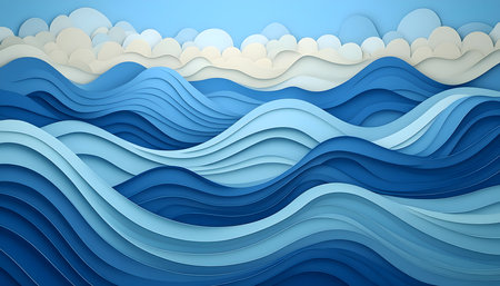 Paper art style. Blue paper cut waves background. Vector illustration.の素材