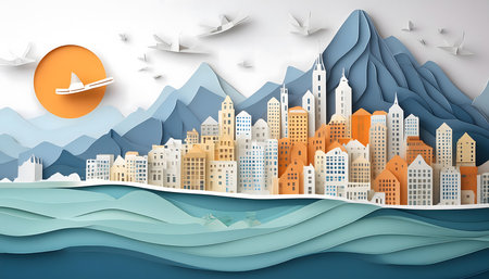 Paper art of cityscape in paper art style. Vector illustration.の素材