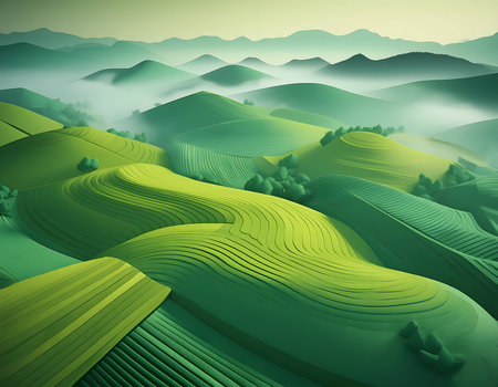 Landscape with green hills and mountains in the fog. Vector illustration.の素材