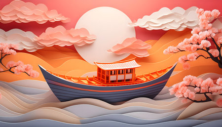 Paper art style of Chinese traditional boat in the sea. Vector illustration.の素材