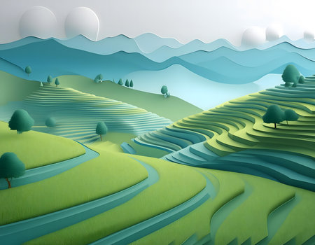 Rice terraces in the mountains. Paper art style. Vector illustration.の素材