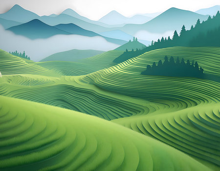 Green tea plantation in the mountains. Paper art style. Vector illustration.の素材
