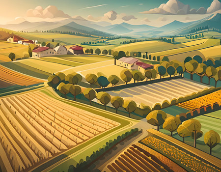 Rural landscape with fields and farm. Vector illustration in cartoon styleの素材