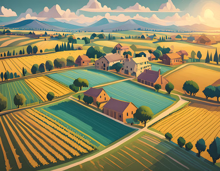 Country landscape with farm and village. Vector illustration in retro style.の素材