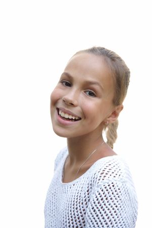 Cheerful preteen girl on white background                 の写真素材