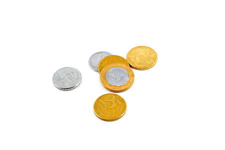 Brazilian Real currency coins - isolated on white backgroundの写真素材