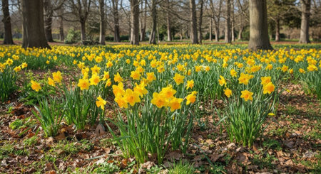 Vibrant yellow daffodils cover the forest floor in a beautiful spring scene. Sunlight filters through the bare trees, illuminating the cheerful carpet of flowers.の素材