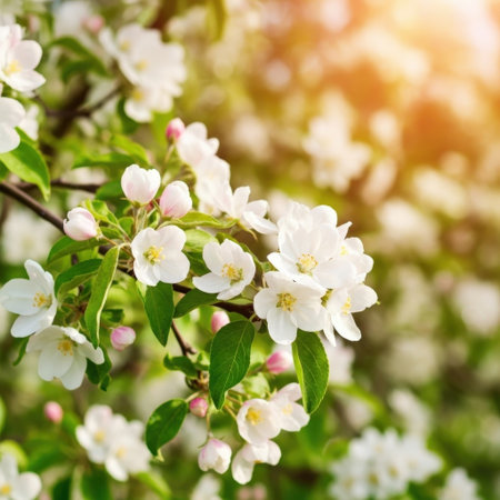 A close-up shot of delicate white flowers in full bloom on a tree branch, with green leaves and soft sunlight in the background.の素材
