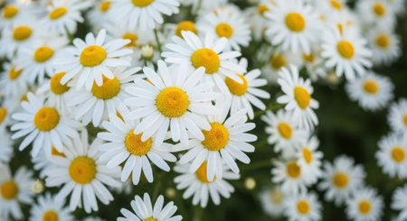 A close-up shot of a vibrant cluster of white daisies with bright yellow centers, showcasing the delicate petals and intricate details of the flowers.の素材