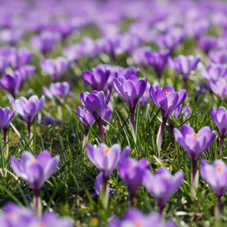 Close-up view of numerous purple crocus flowers blooming in a lush green meadow bathed in sunlight.の素材