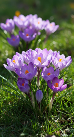 Vibrant purple crocus flowers blooming amidst green grass in a sunny spring garden. The flowers are in clusters, showcasing their delicate petals and vibrant color.の素材
