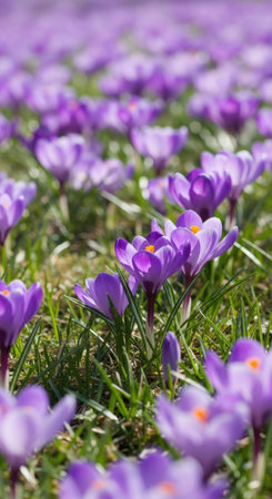 A vibrant field of purple crocuses in full bloom, bathed in the warm sunlight of early spring, creating a picturesque scene of natural beauty.の素材
