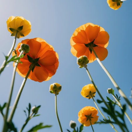 A low-angle shot of bright orange buttercups reaching towards a clear blue sky, showcasing their delicate petals and fresh green stems.の素材
