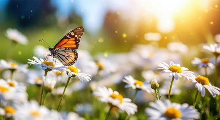 A monarch butterfly with orange and black wings rests on a white daisy in a field of daisies, bathed in sunlight.の素材