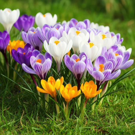 A close-up view of a cluster of colorful crocus flowers, including purple, white, and yellow, emerging from lush green grass.の素材