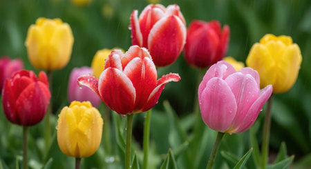 A beautiful display of colorful tulips in full bloom, showcasing a variety of hues and patterns in a natural outdoor setting.の素材