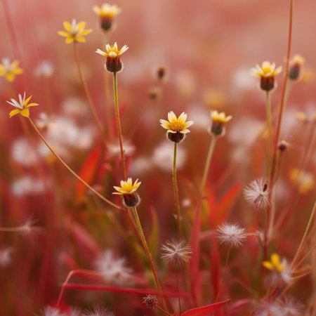 Close up of small yellow and white wildflowers with slender stems, set against a warm, blurred reddish-brown background, evoking a serene natural scene.の素材