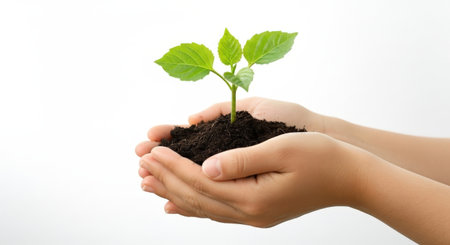 Hands holding a small plant with soil, symbolizing growth, nature, and environmental care. A close-up shot against a white background.の素材