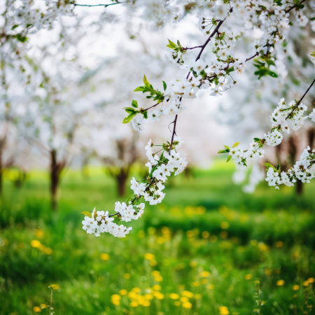 Close-up of delicate white cherry blossoms on branches with a blurred background of a blooming orchard and green grass with yellow wildflowers, symbolizing spring.の素材