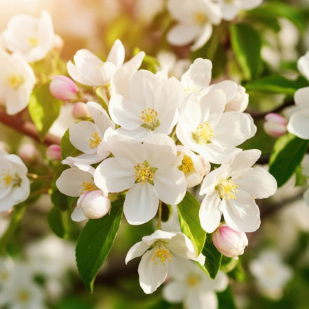 Close-up view of clusters of white apple blossoms on a branch, showcasing delicate petals and vibrant green leaves. The sunlight highlights the flowers, creating a picturesque spring scene.の素材