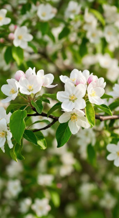 Close-up view of a branch laden with beautiful white apple blossoms and vibrant green leaves, bathed in soft spring sunlight.の素材
