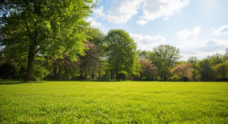 A wide, sunlit green field stretches towards a dense line of trees, with a bright blue sky dotted with white clouds above.の素材