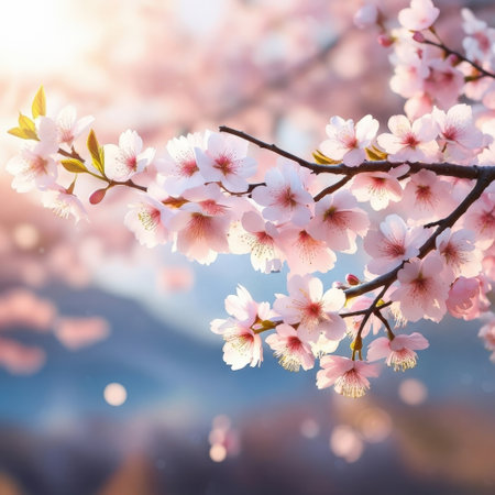 Close-up of beautiful pink and white cherry blossoms on a branch, illuminated by warm sunlight, creating a serene and ethereal spring scene with a blurred background.の素材