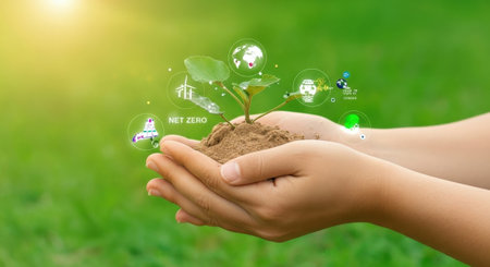 Close-up of hands cradling soil with a small plant, overlaid with digital icons symbolizing innovation and environmental technology.の素材