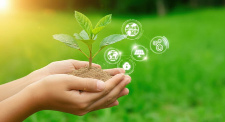 A concept image for environmental social and governance. Hands nurture a growing plant surrounded by icons symbolizing clean energy, recycling, and corporate responsibility.の素材