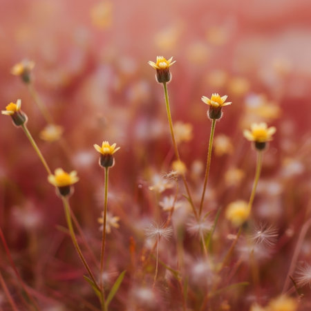 Close-up shot of numerous small yellow wildflowers with slender stems, set against a blurred reddish-brown background. The focus is on the delicate flowers and their thin stalks.の素材