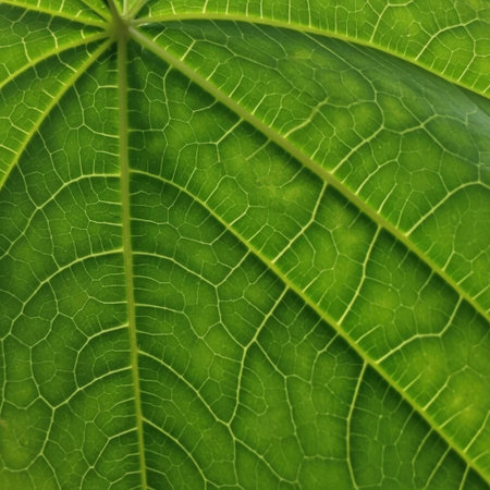 Detailed close-up image of a leaf, showcasing intricate vein patterns and textures. The vibrant green color is prominent.の素材