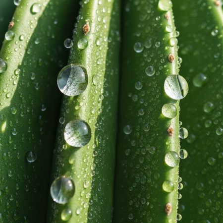 A detailed macro photograph showcasing fresh green plant foliage covered in numerous clear water beads, reflecting light beautifully and creating a refreshing natural scene.の素材