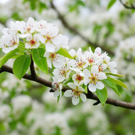Close-up of a branch adorned with clusters of small, white spring flowers with reddish centers and green leaves, set against a soft, blurred background of more blossoms.の素材