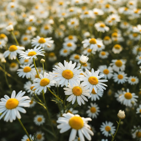 A vibrant field of daisies in full bloom, showcasing the delicate white petals and bright yellow centers. The image captures the beauty of nature.の素材