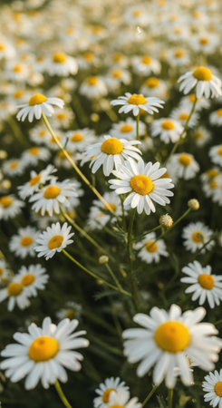 A vibrant field of daisies with white petals and yellow centers, bathed in warm sunlight, creating a cheerful and natural scene.の素材