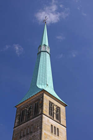 Copper clad church spire in Hamlin, Germanyの写真素材