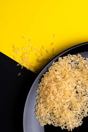 saffron risotto on black and yellow stripes backgroundの写真素材