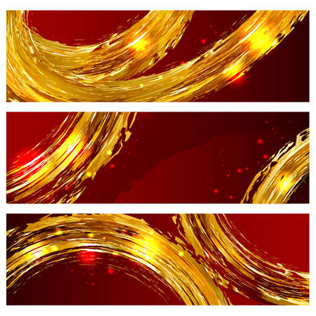 Vector design element. Set of abstract banners with golden brush strokes and splashes on red background and with flashes of light. の写真素材