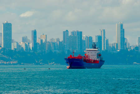 Cargo ship at sea near Salvador, Bahia, Brazil