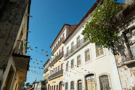 Sao Luiz, Maranhao. Old facade of the buildings in the historic center, with windows, doors and tiles from the Brazilian colonial period.のeditorial素材