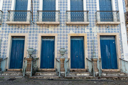 Sao Luiz, Maranhao. Old facade of the buildings in the historic center, with windows, doors and tiles from the Brazilian colonial period.のeditorial素材