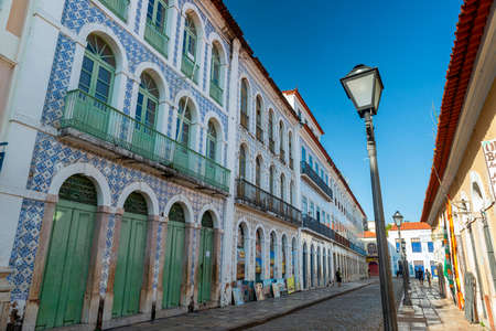 Sao Luis, Maranhao, Brazil. Old facade of the buildings in the historic center, with windows, doors...