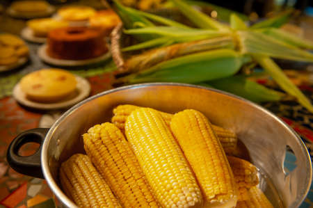Boiled corn. Typical foods from the June festivities in northeastern Brazilの写真素材