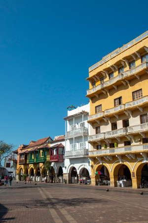 Cartagena das Indias, Bolivar, Colombia on February 11, 2018. Facades of houses and streets in the walled city.のeditorial素材