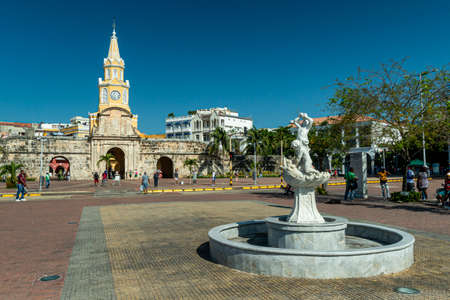 Clock tower at the main entrance of the walled city, Cartagena, Bolivar, Colombia on February 14, 2018.のeditorial素材