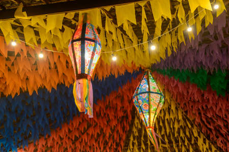 Colorful flags and decorative balloon for the Saint John party, which takes place in June in northeastern Brazil.の写真素材