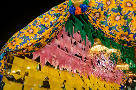 Colorful flags and decorative balloon for the Saint John party, which takes place in June in northeastern Brazil.の写真素材