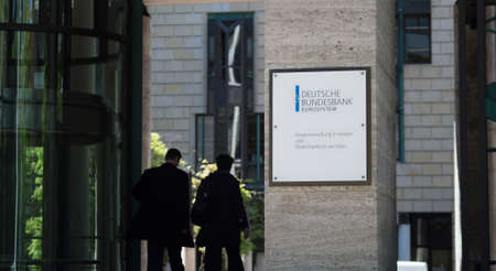 FRANKFURT, GERMANY - MAY 10, 2017: The sign and front entrance to the regional office branch of the Central Bank of Germany the Deutsche Bundesbank in Frankfurt Germany.のeditorial素材