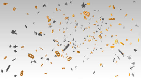 3D illustration of many digital cryptocurrency bitcoin symbols floating with many Chinese yuan or Japanese yen symbols.の写真素材