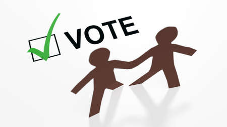 Two paper people of color with a vote checkbox and a green checkmark in a 3d illustration.の写真素材